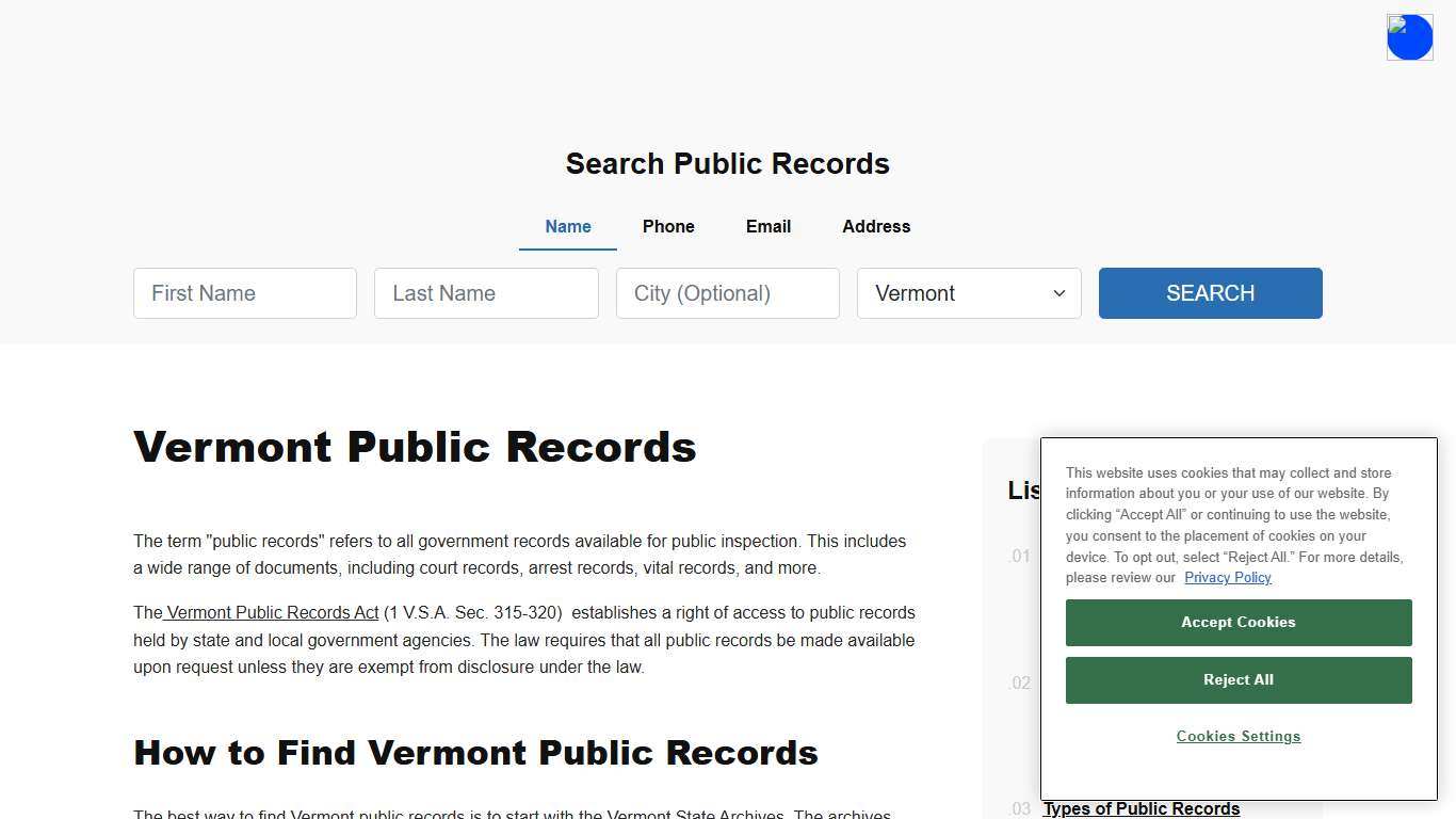 Vermont Public Records Online - ThePublicIndex