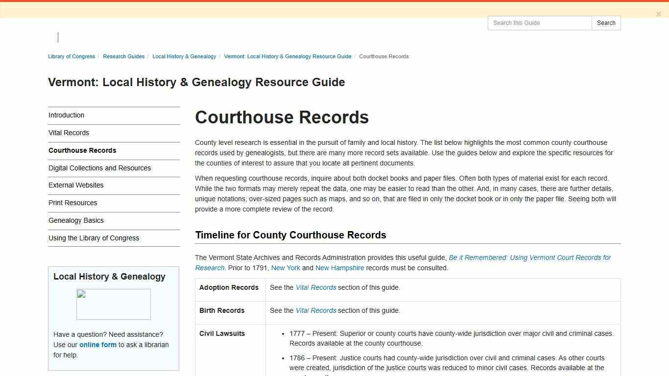 Courthouse Records - Vermont: Local History & Genealogy Resource Guide - Research Guides at Library of Congress