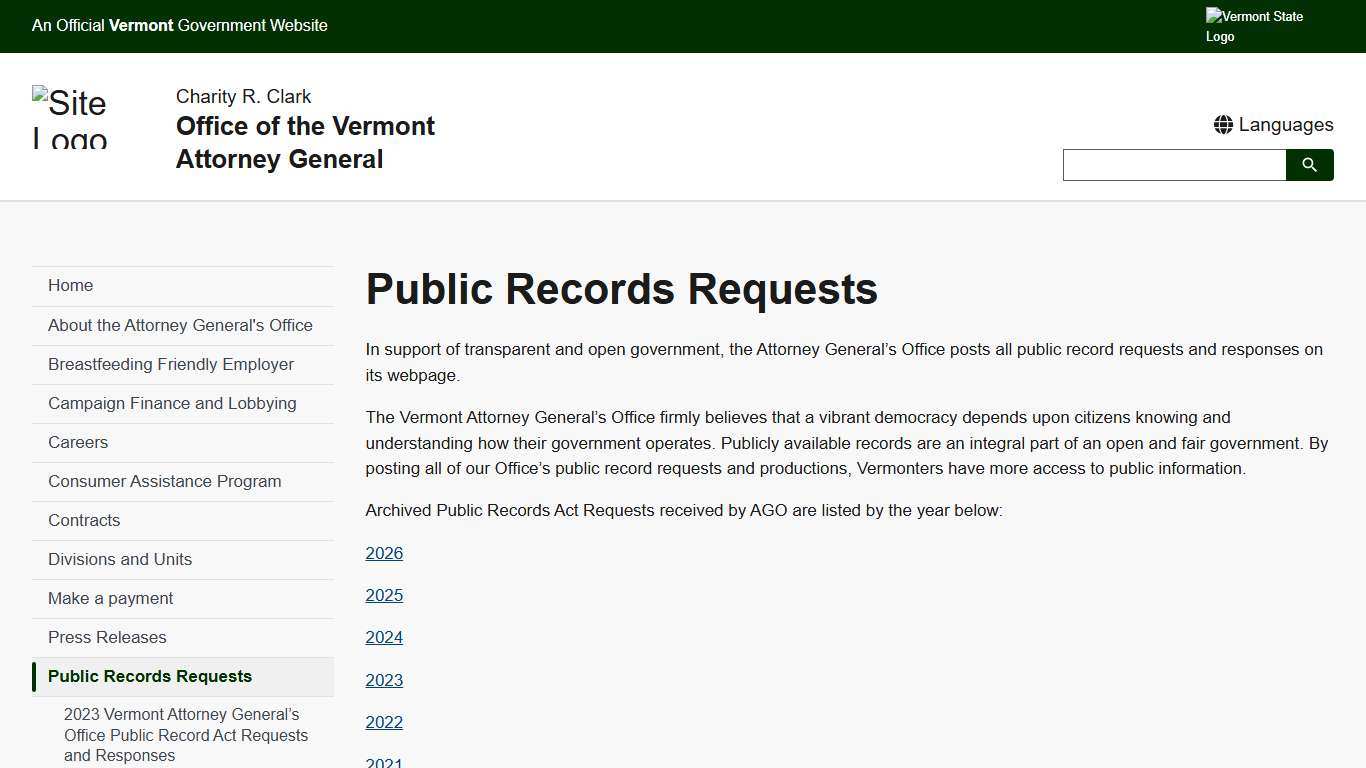 Public Records Requests Office of the Vermont Attorney General