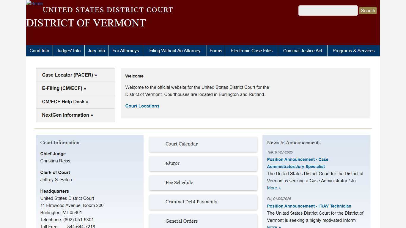 DISTRICT OF VERMONT United States District Court